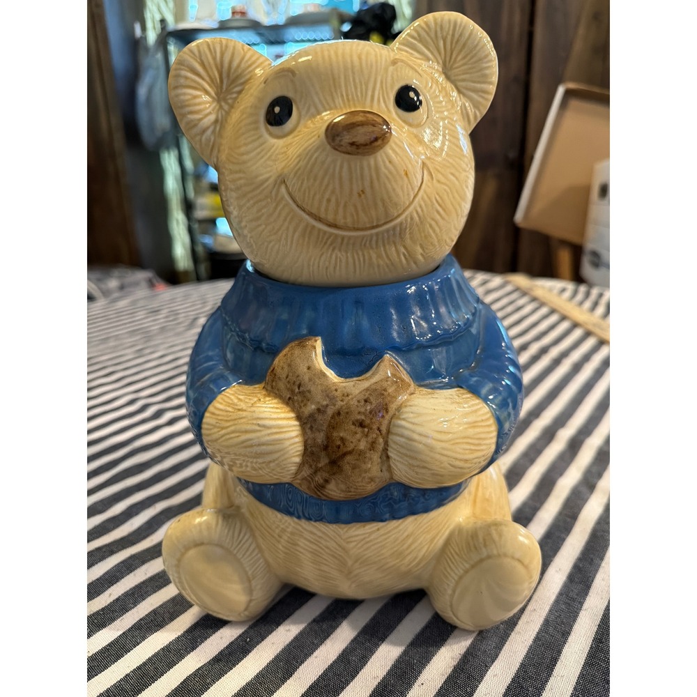 Vintage Metlox California Pottery Teddy Bear Cookie Jar Blue Sweater USA Made